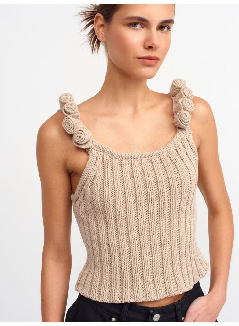 Dilvin 10524 Strappy Handmade Floral Detailed Knitwear Top-Beige - Image 4